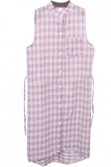 Plaid Single Pocket Sleeveless Midi Shirt Dress