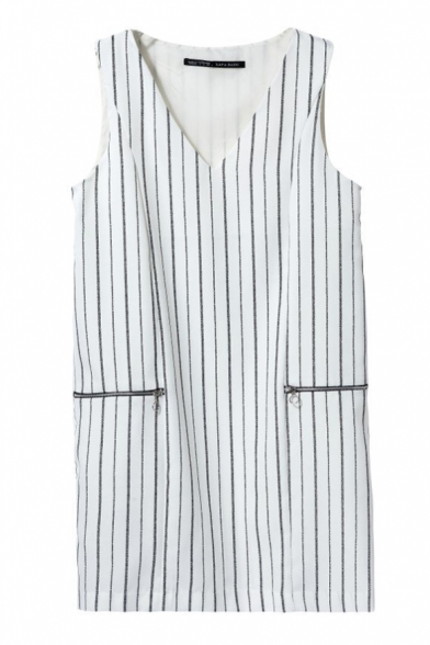 Striped Zip V-Neck Sleeveless Shift Dress