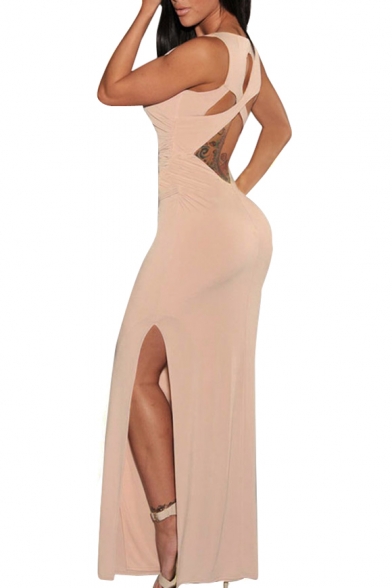 V-Neck Sleeveless Cutout Crossback Maxi Dress with Side Split