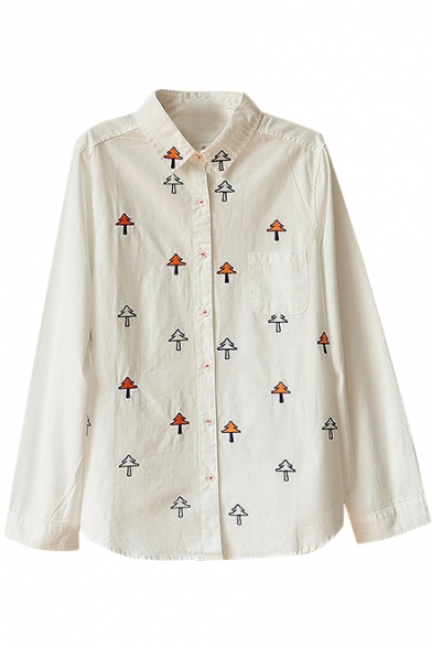 White Long Sleeve All Over Tree Embroidered Shirt