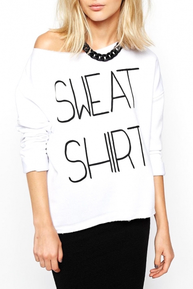 White Long Sleeve Sweat Shirt Print T-Shirt
