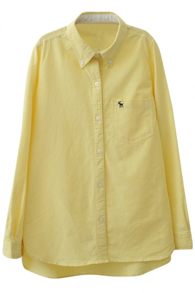 Yellow Long Sleeve Tiny Deer Embroidered Shirt with Pocket