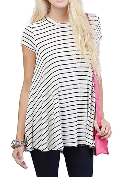 

A-Line Round Neck Short Sleeve Fitted Loose T-Shirt, Black;white, LC378694