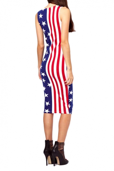American Flag Print Crew Neck Sleeveless Bodycon Dress - Beautifulhalo.com