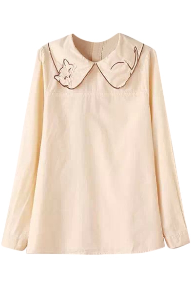 Apricot Long Sleeve Kitten Embroidered Lapel Blouse