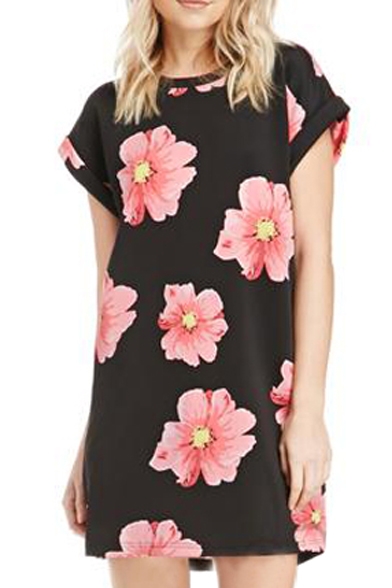 Black Background Pink Flower Print Column Short Sleeve Dress
