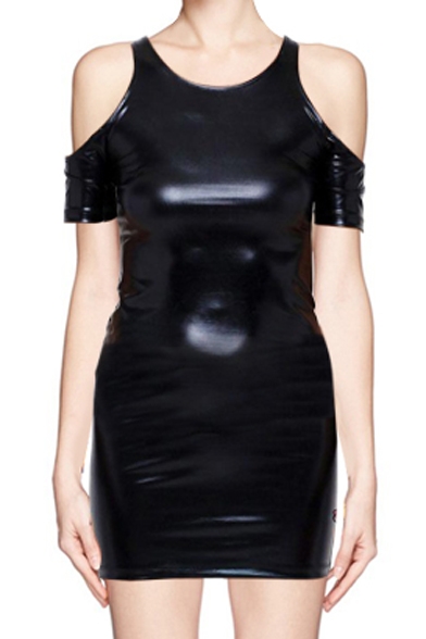 Black Round Neck Cold Shoulder Mini Dress in PU - Beautifulhalo.com