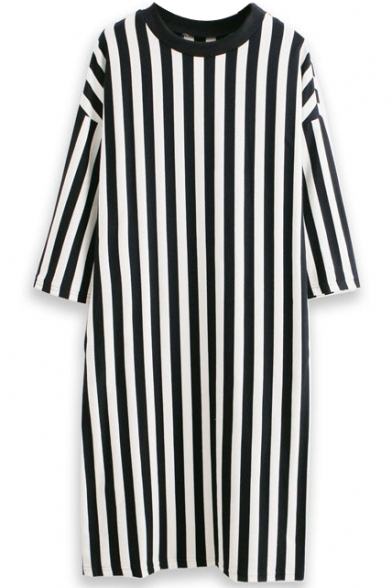 Black Striped Round Neck Short Sleeve Midi Dress
