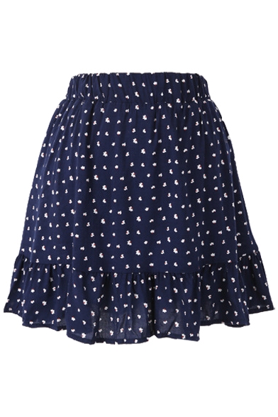 Dark Blue Background All Over Dot Elastic Waist Short Skirt