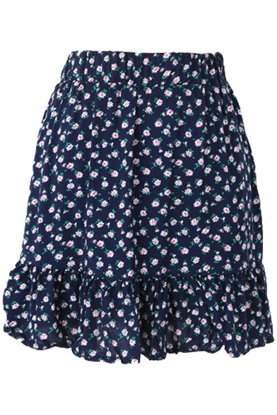 Dark Navy Background All Over Cute Flora Elastic Waist Short Skirt