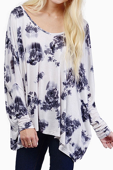 Floral Print Round Neck Long Sleeve Chiffon Top