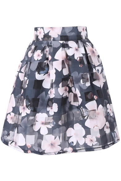 Gray Checker&White Flower Print Organza Pleated Skirt