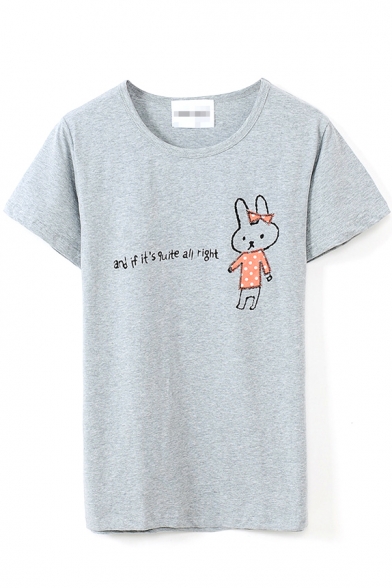Gray Short Sleeve Bunny&Letters Print Midi T-Shirt