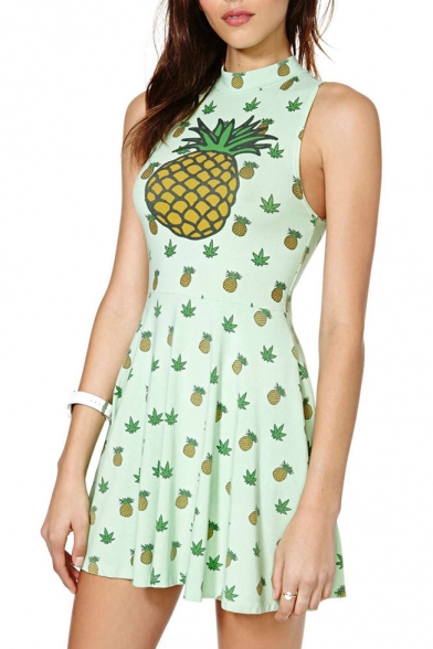 Green Pineapple Print High Neck Sleeveless Dress