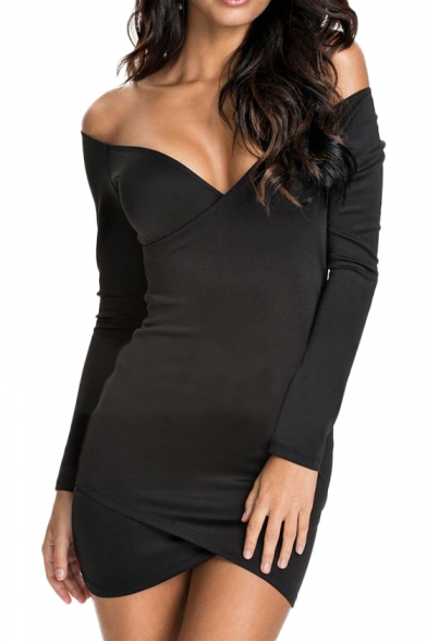 Sexy Off Shoulder V Neck Bodycon Dress with Long Sleeve