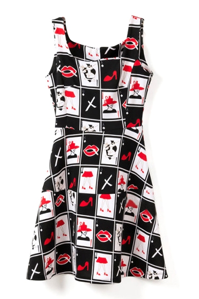 Sleeveless Lips&Poker A-line Tanks Dress