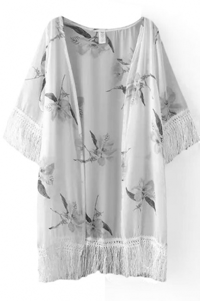 White 1/2 Sleeve Flora Tassel Trim Chiffon Kimono