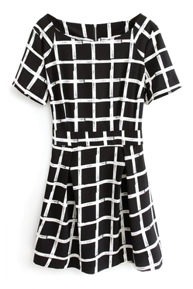 Black Plaid Boat Neck Short Sleeve Fitted Dress