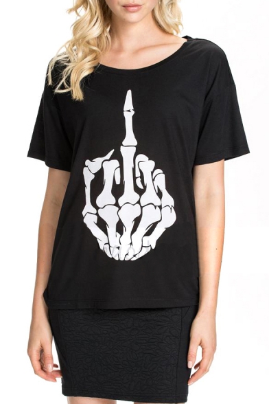 Black Skull Gesture Print Short Sleeve T-Shirt