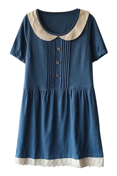 Blue Short Sleeve Lapel Button Embellish Ruched Babydoll Dress