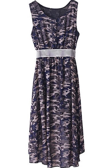 Camouflage Print Round Neck Sleeveless Fitted Dress