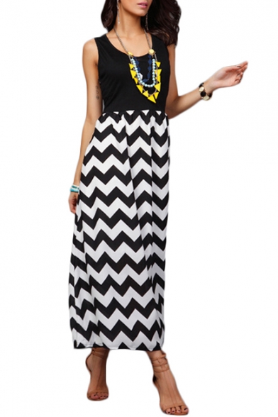 Color Block Style Curve Pattern Print Black Longline Dress