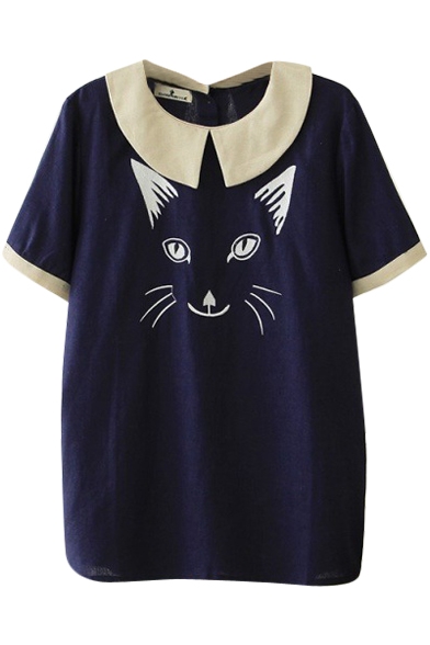 Dark Blue Short Sleeve Cat Embroidered Back Button Fly Blouse