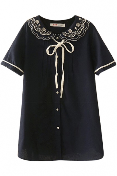 Dark Blue Short Sleeve Flora Embroidered Layered Lapel Bow Neck Ruched Shirt