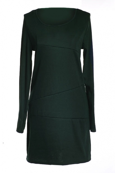 Dark Green Long Sleeve Round Neck Fitted Dress