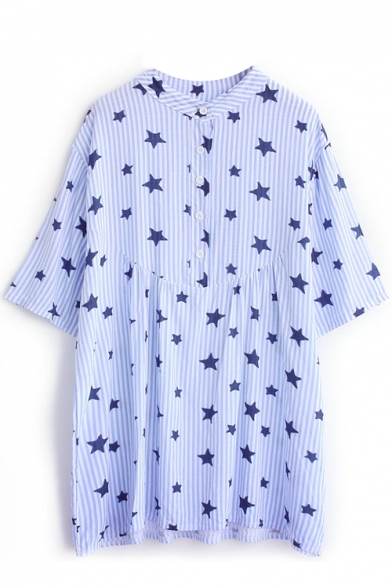 Light Blue Striped Star Print Short Sleeve Shirt