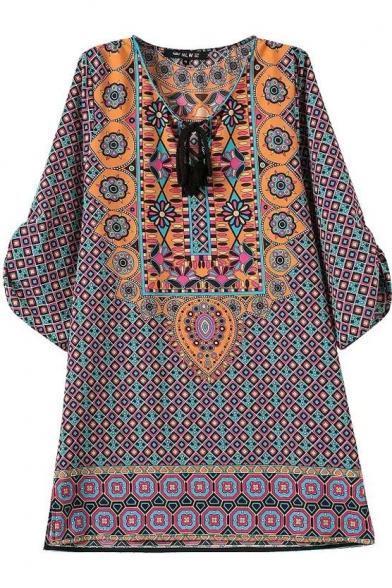 Round Neck 3/4 Sleeve Ethnic Geometry Pattern Print Shift Dress