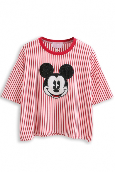 Red Striped Cartoon Mouse Pattern Loose T-Shirt