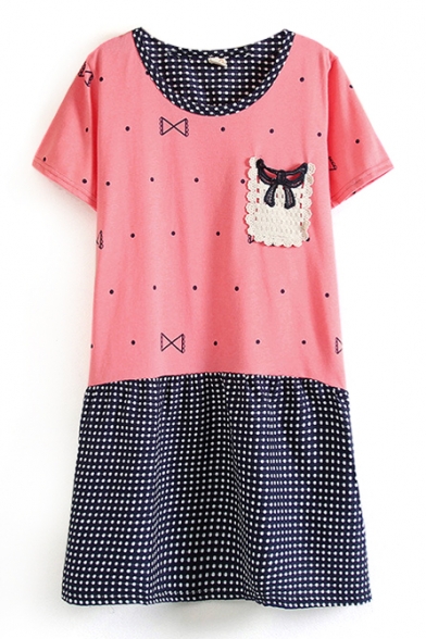 Watermelon Short Sleeve Crocheted Pocket Dot&Bow Print Dress