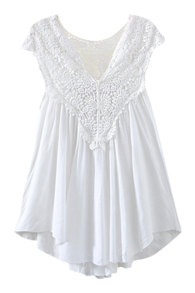 White Cap Sleeve V-Neck Lace Crocheted Top Blouse