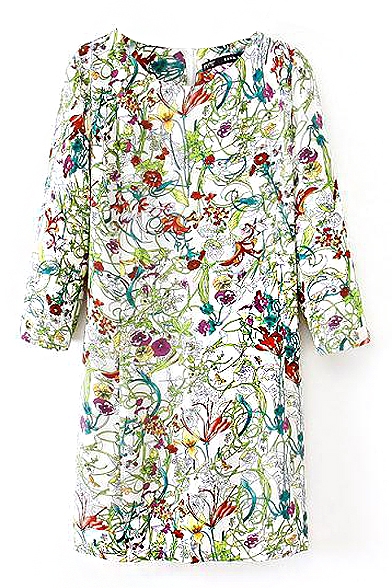 White Floral Print Long Sleeve Round Neck Shift Dress