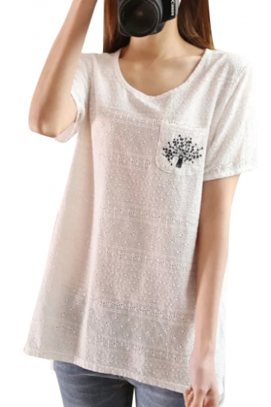 White Short Sleeve Tree Pocket Embroidered Blouse