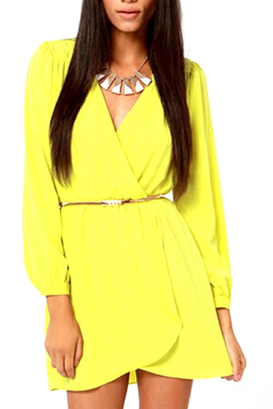 Yellow Wrap V-Neck Long Sleeve Dress