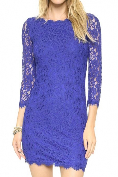 Attractive Zip Back Skinny Lace Dress with 3/4 Length Long Sleeve ...