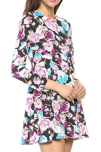 Black Background Eye-Catching Rose Print Keyhole Back Mini Dress