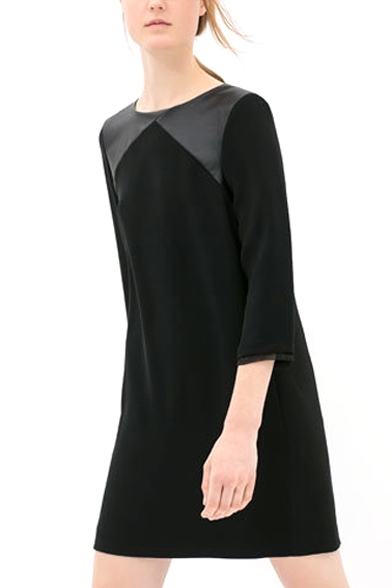 Black PU Insert Round Neck 3/4 Sleeve Dress - Beautifulhalo.com