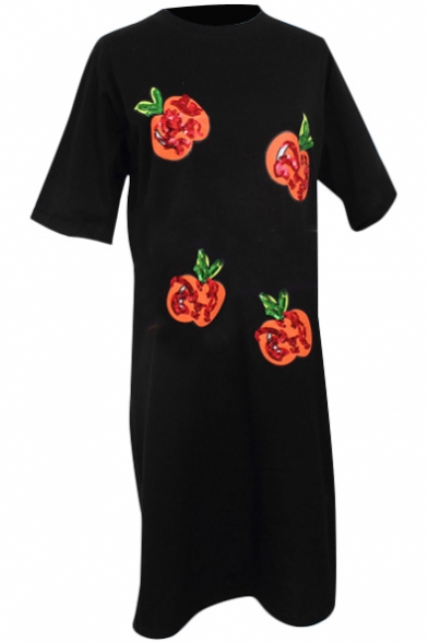 Black Short Sleeve Sequins Apple T-Shirt Dress