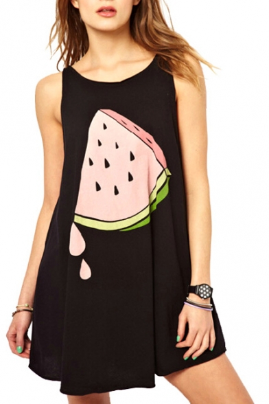 Black Watermelon Print Mini Sun Dress