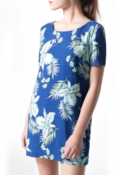 Blue Short Sleeve Elegant Flower Print Mini Dress