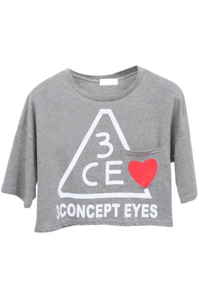 Gray 3CE Heart Print Crop T-Shirt