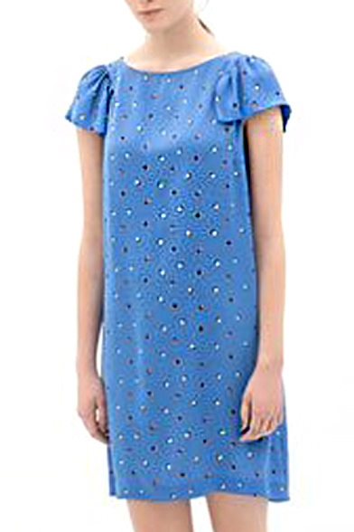 Petal Short Sleeve Blue Background Dot Print Midi Column Dress