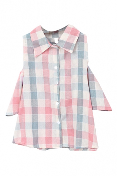 Pink&Blue Big Plaid Cold Shoulder Crop Shirt
