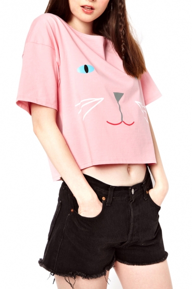 Pink Cartoon Cat Print Short Sleeve Crop T-Shirt