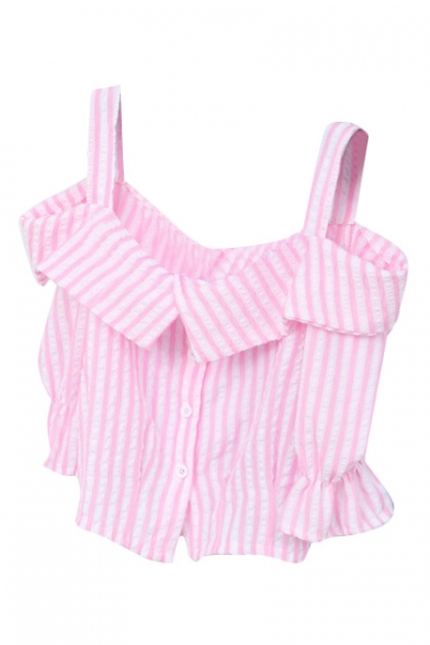 Pink Off-the-Shoulder Stripe Button Fly Ruffle Cuff Crop Blouse