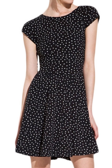 Star Print Short Sleeve Mini Dress with Cutout Detail - Beautifulhalo.com