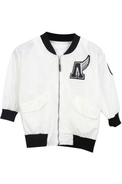 White 3/4 Sleeve Letters Embroidered Crop Baseball Jacket